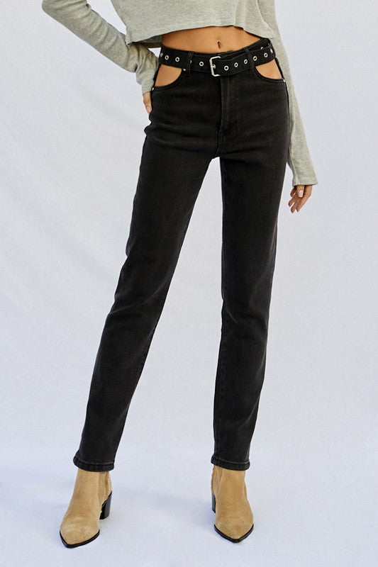 Cut Out Front Pocket Straight Jeans BLACK