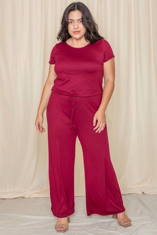Short Sleeve Jumpsuit W/Pocket burgundy