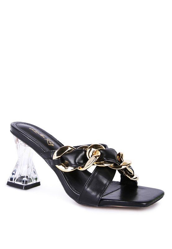 WANDY CLEAR HEEL CHAIN DETAIL SANDALS Black