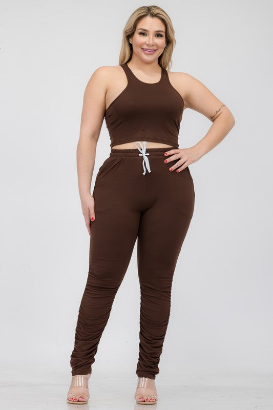 Plus Size Crop Tank Top & Ruched Pants Set Coffee