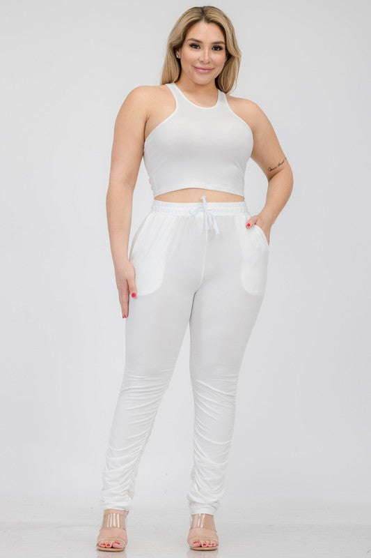Plus Size Crop Tank Top & Ruched Pants Set White