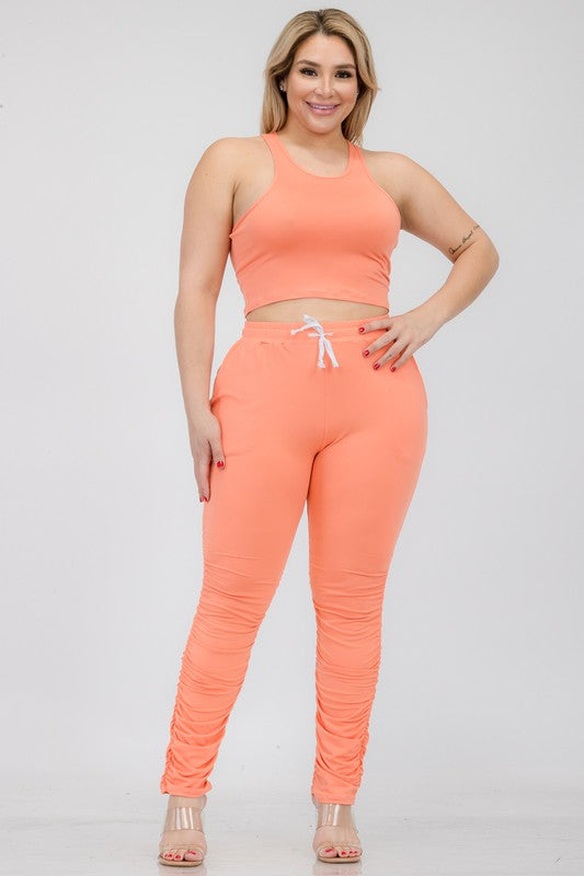 Plus Size Crop Tank Top & Ruched Pants Set Flamingo