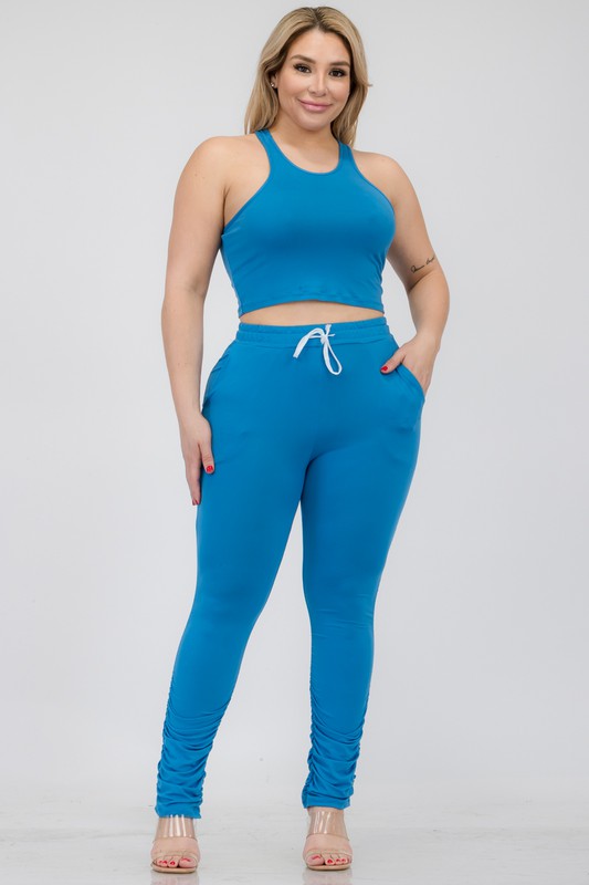 Plus Size Crop Tank Top & Ruched Pants Set IBIZA BLUE