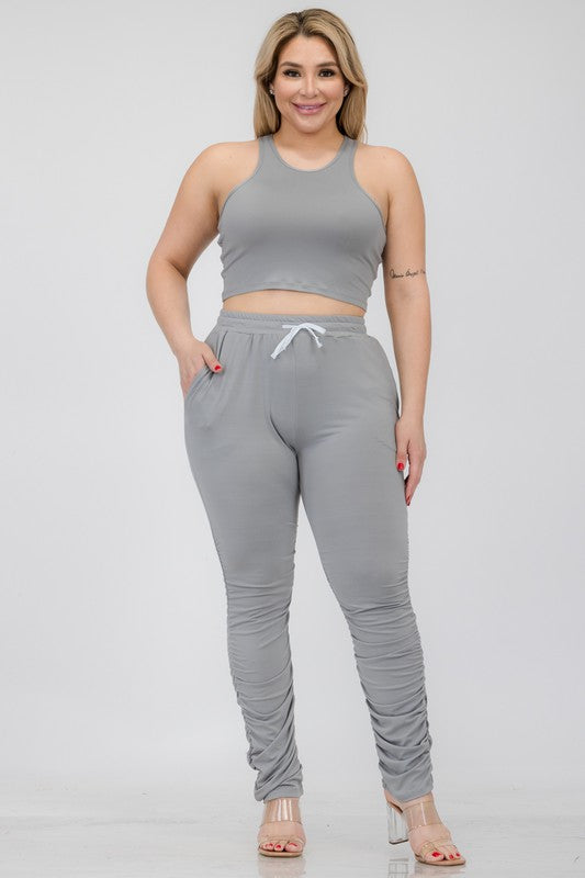 Plus Size Crop Tank Top & Ruched Pants Set ULTIMATE GRAY