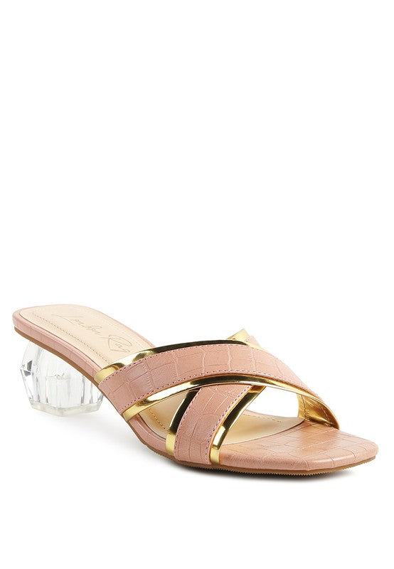 STELLAR GOLD LINE CROC TEXTURED LOW HEEL SANDALS Pink Gold