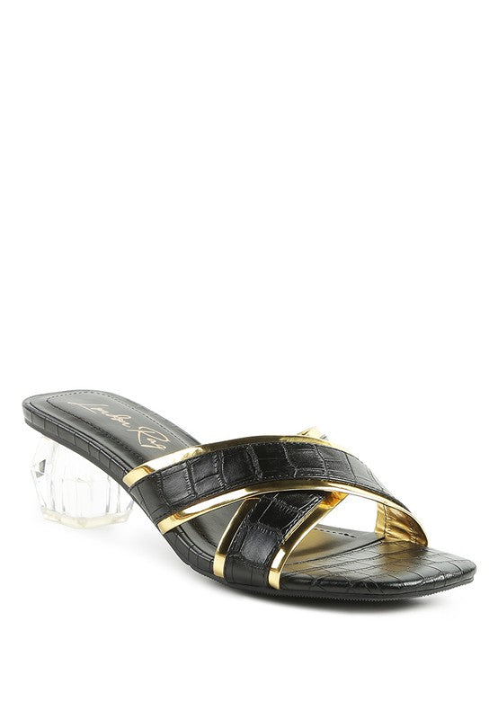STELLAR GOLD LINE CROC TEXTURED LOW HEEL SANDALS Black Gold