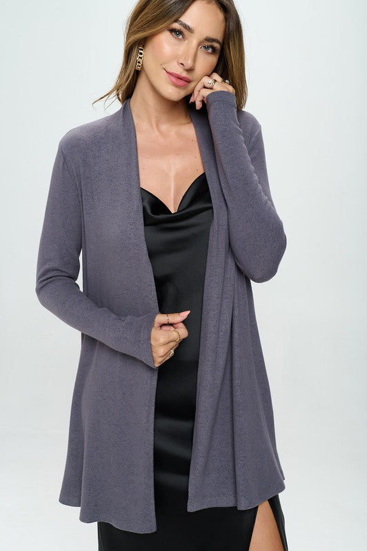 Brushed Knit Draped Cardigan with Cashmere Feel Dark Cement