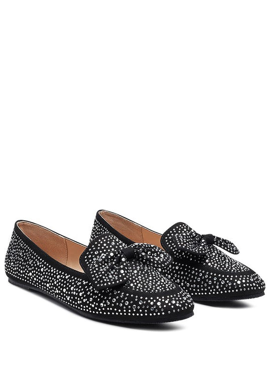 DEWDROPS EMBELLISHED CASUAL BOW LOAFERS Black