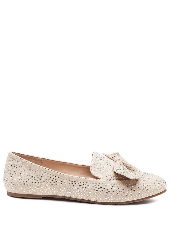 DEWDROPS EMBELLISHED CASUAL BOW LOAFERS Tan