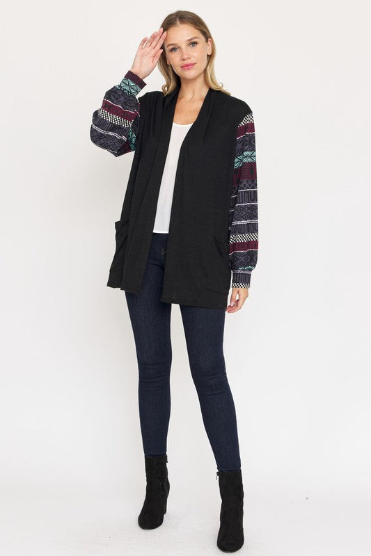 Bishop Sleeve Open Cardigan With Pockets Black Tribal