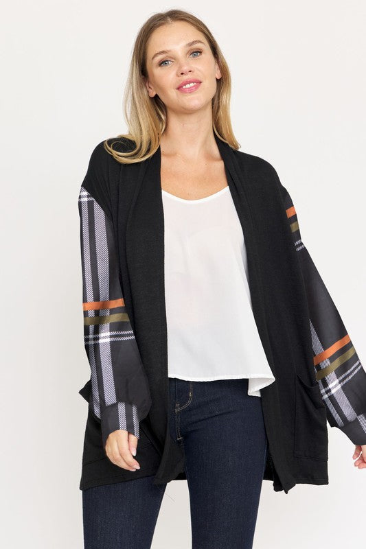 Bishop Sleeve Open Cardigan With Pockets black plaid