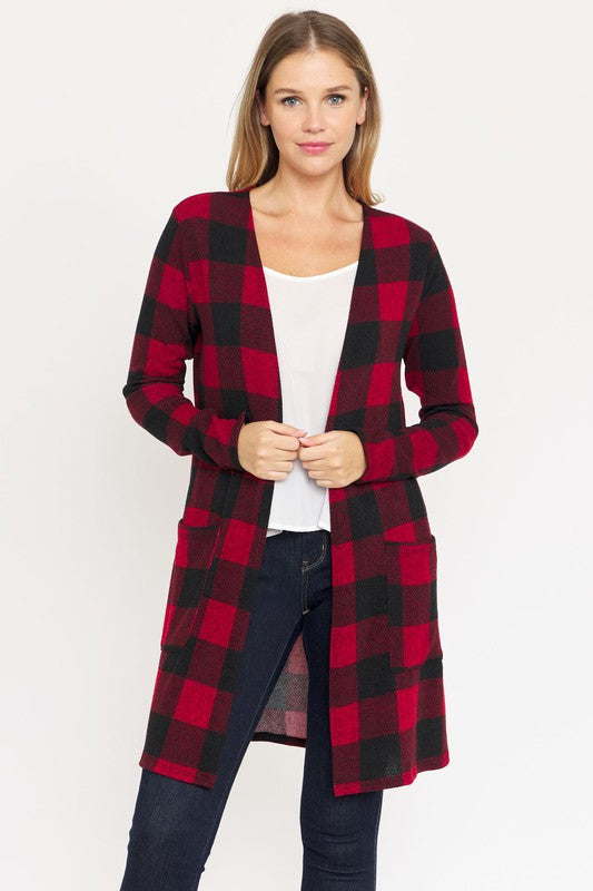 Long Buffalo Plaid Open Cardigan Red buffalo check