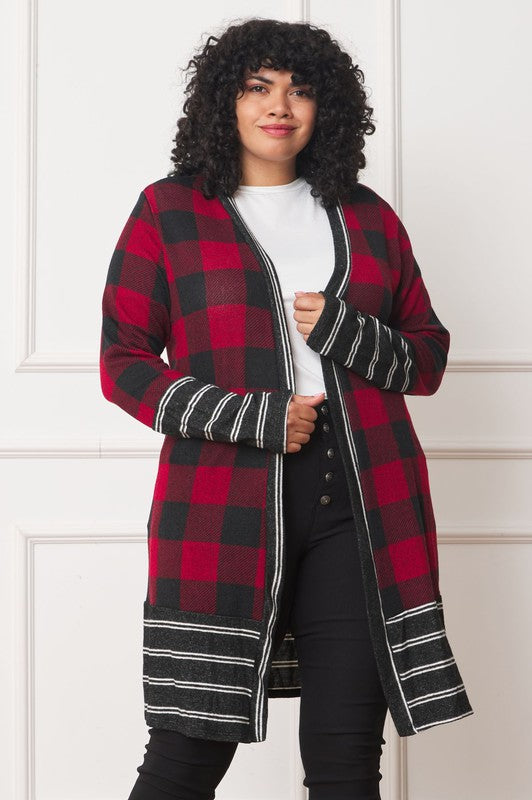 Long Buffalo Plaid Stripe Trim Open Cardigan Red buffalo check