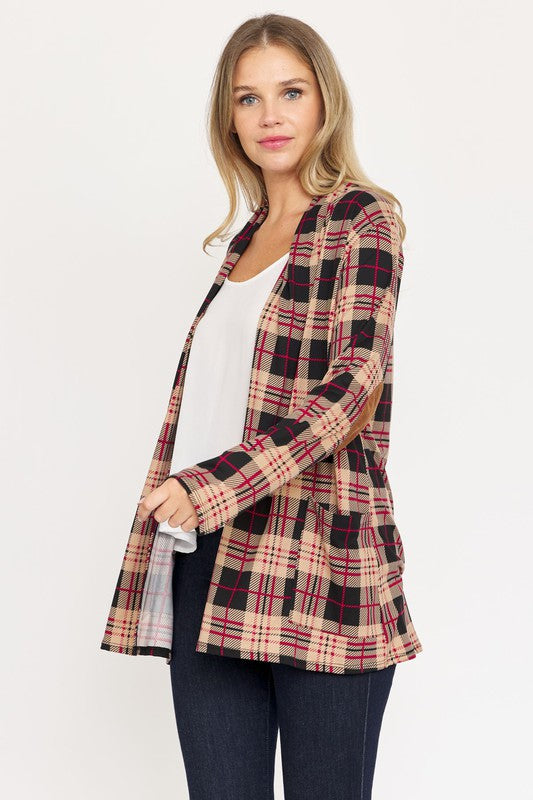 Plaid Contrast Elbow Patch Cardigan Mocha