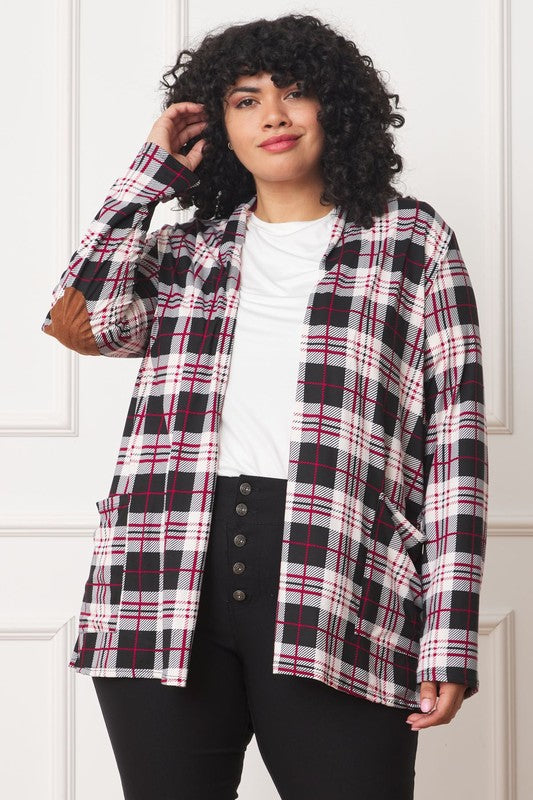 Plaid Contrast Elbow Patch Cardigan Black Red