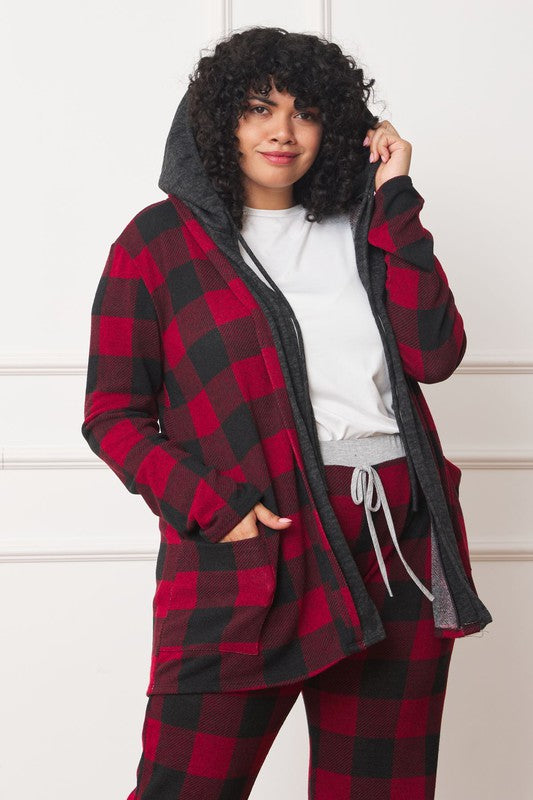 Buffalo Plaid Hooded Cardigan Red