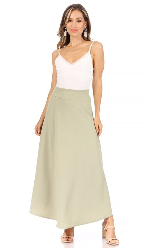 Solid, high waisted, A-line, midi skirt Sage