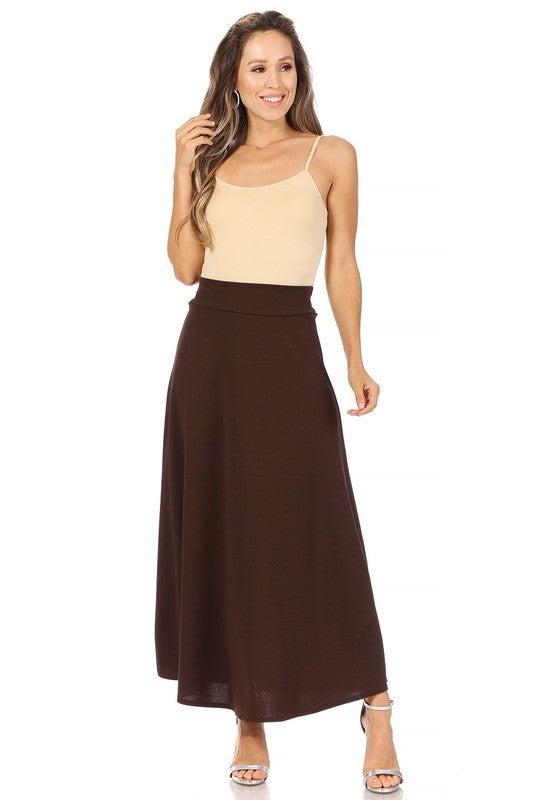 Solid, high waisted, A-line, midi skirt Brown