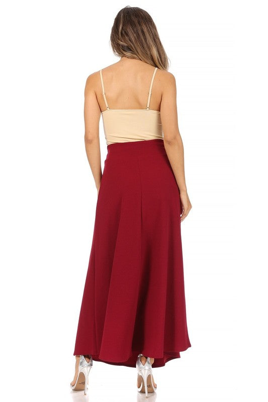 Solid, high waisted, A-line, midi skirt Burgundy