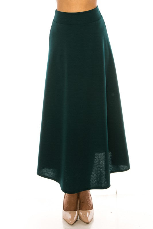 Solid, high waisted, A-line, midi skirt Hunter Green
