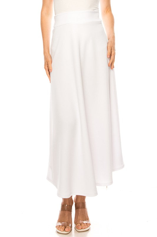 Solid, high waisted, A-line, midi skirt White