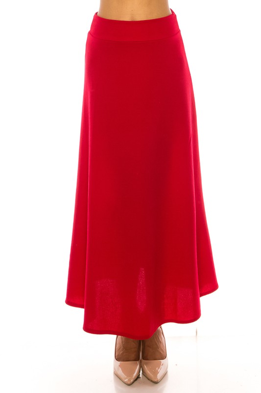Solid, high waisted, A-line, midi skirt Red