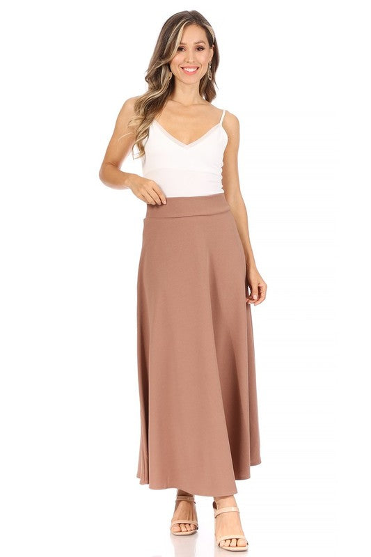 Solid, high waisted, A-line, midi skirt Mocha