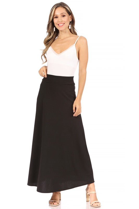 Solid, high waisted, A-line, midi skirt Black