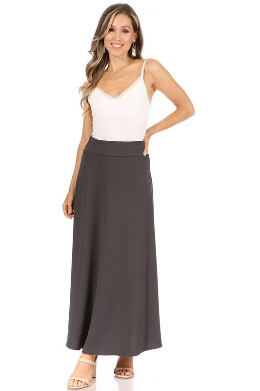 Solid, high waisted, A-line, midi skirt Charcoal