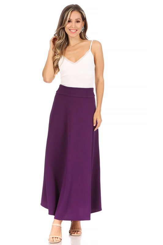 Solid, high waisted, A-line, midi skirt Eggplant