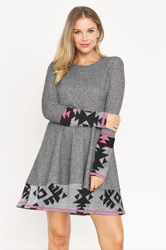 Layered Fit And Flare Dress Pink Aztec