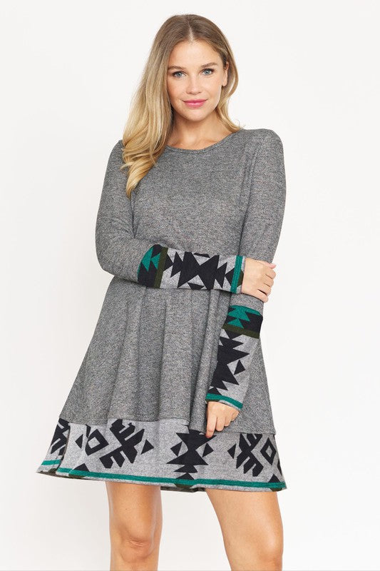 Layered Fit And Flare Dress Teal Aztec