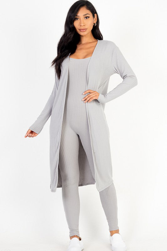 Ribbed Cardigan & Jumpsuit Set Grey