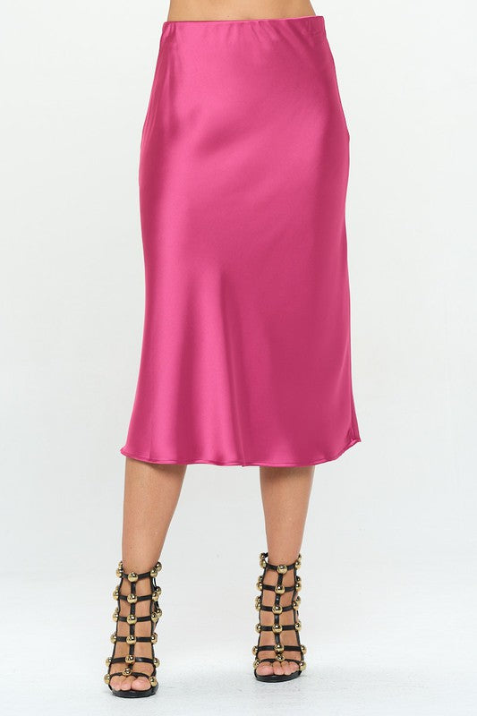 Solid Stretch Satin Midi Skirt Dark Magenta