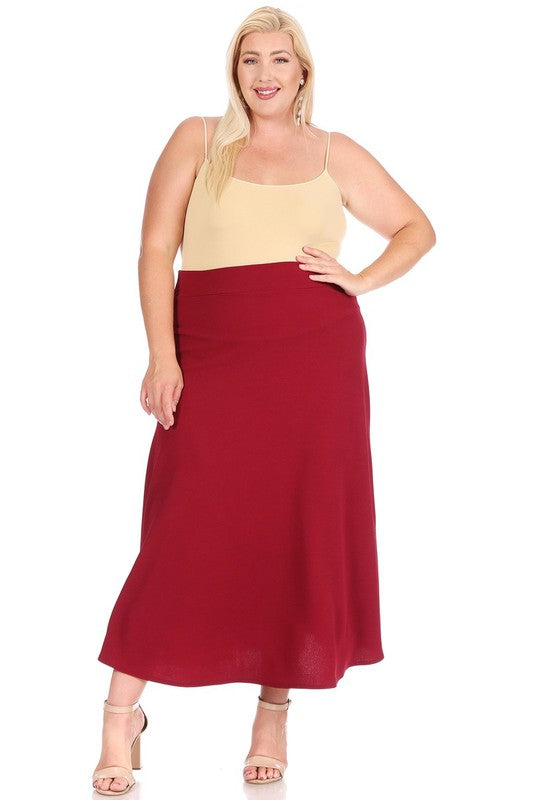 Plus size, solid, high waisted, A-line, midi skirt Burgundy