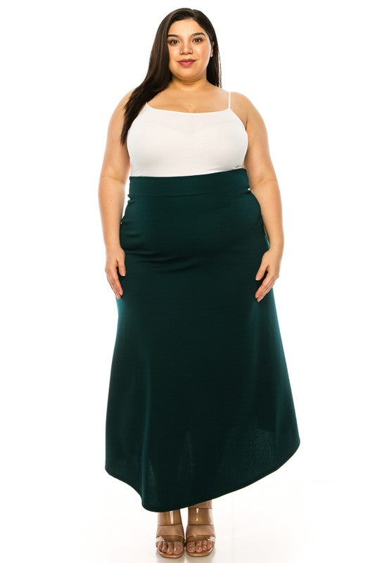 Plus size, solid, high waisted, A-line, midi skirt Hunter Green