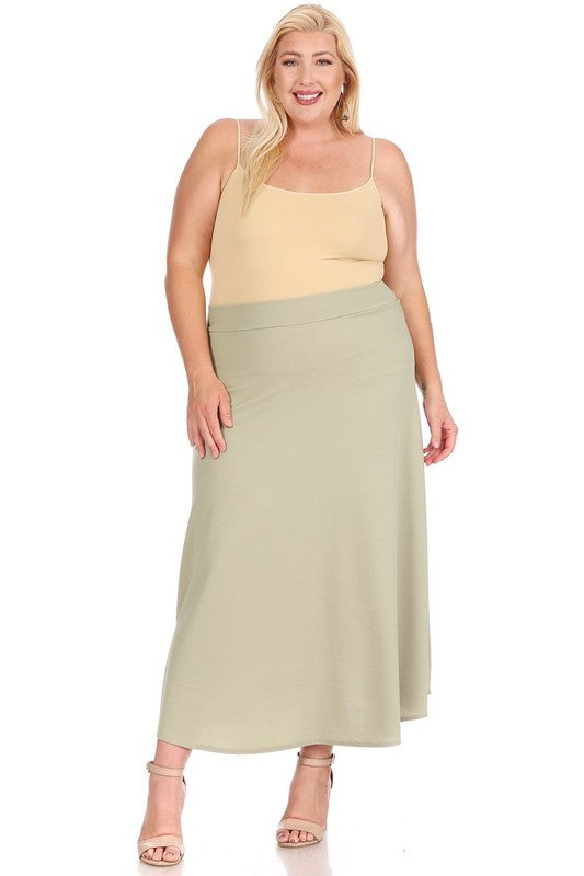 Plus size, solid, high waisted, A-line, midi skirt Sage