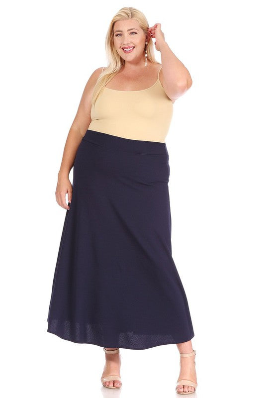Plus size, solid, high waisted, A-line, midi skirt Navy