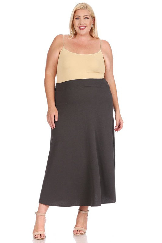 Plus size, solid, high waisted, A-line, midi skirt Charcoal