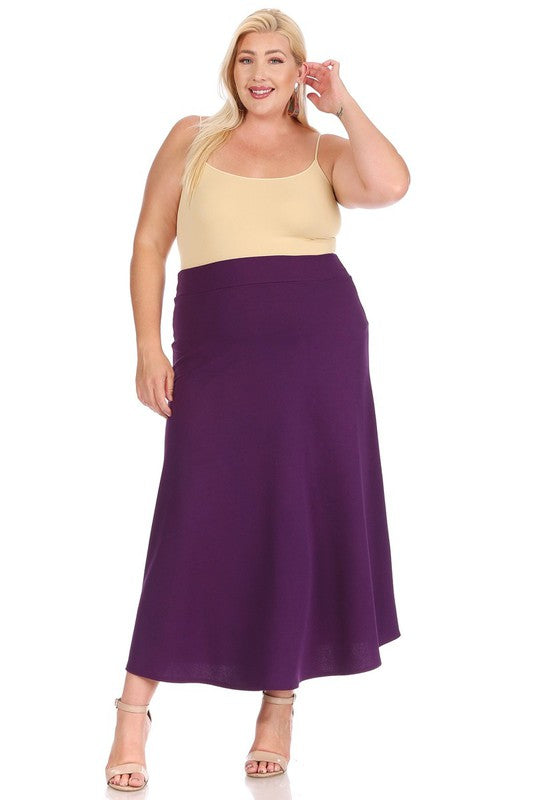 Plus size, solid, high waisted, A-line, midi skirt Eggplant
