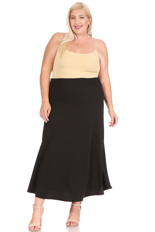 Plus size, solid, high waisted, A-line, midi skirt Black