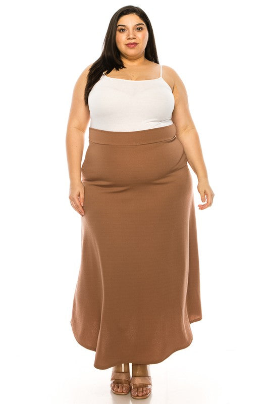 Plus size, solid, high waisted, A-line, midi skirt Mocha
