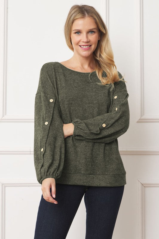 Drop Shoulder Button Sleeve Detail Top olive