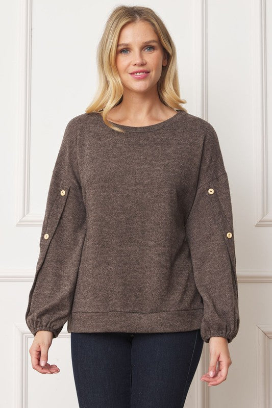 Drop Shoulder Button Sleeve Detail Top Mocha