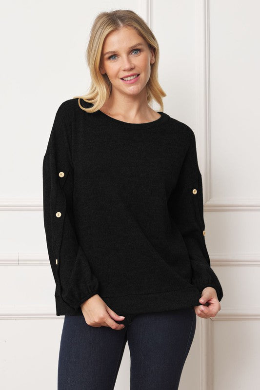 Drop Shoulder Button Sleeve Detail Top Black