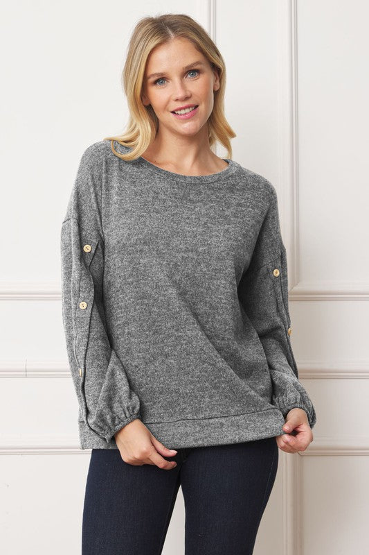 Drop Shoulder Button Sleeve Detail Top Melange Grey