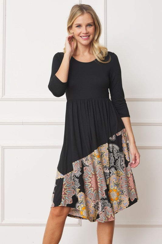 Asymmetrical Accent Midi Dress Black Medallion S