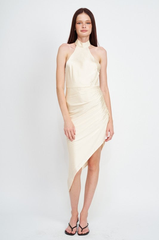 HALTER NECK ASYMMETRICAL DRESS CHAMPAGNE