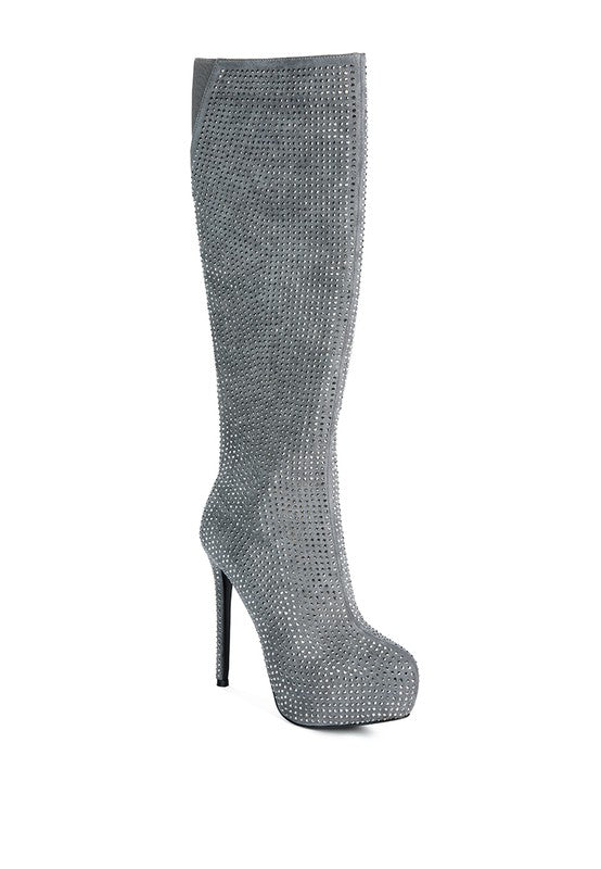 Nebula Rhinestone Embellished Stiletto Calf Boots Grey