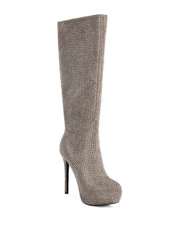 Nebula Rhinestone Embellished Stiletto Calf Boots Taupe